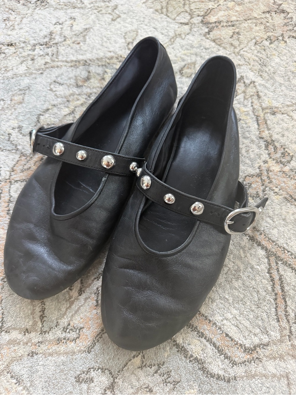 Zara Black Studded Mary Jane Flats with Silver Buckles